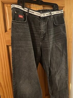 Balenciaga Men's Faded Black Relaxed Jeans with Branded Waistband